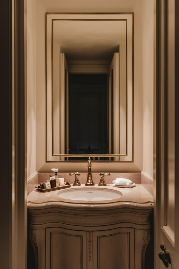 Rectangular mirror in a timeless elegant bathroom design
