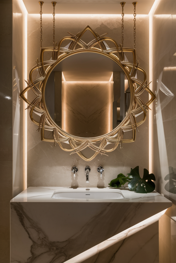 Round mirror styled above a luxurious bathroom vanity