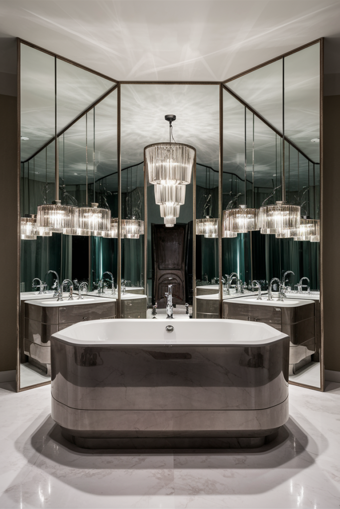 Dramatic statement mirror as the focal point of a bathroom
