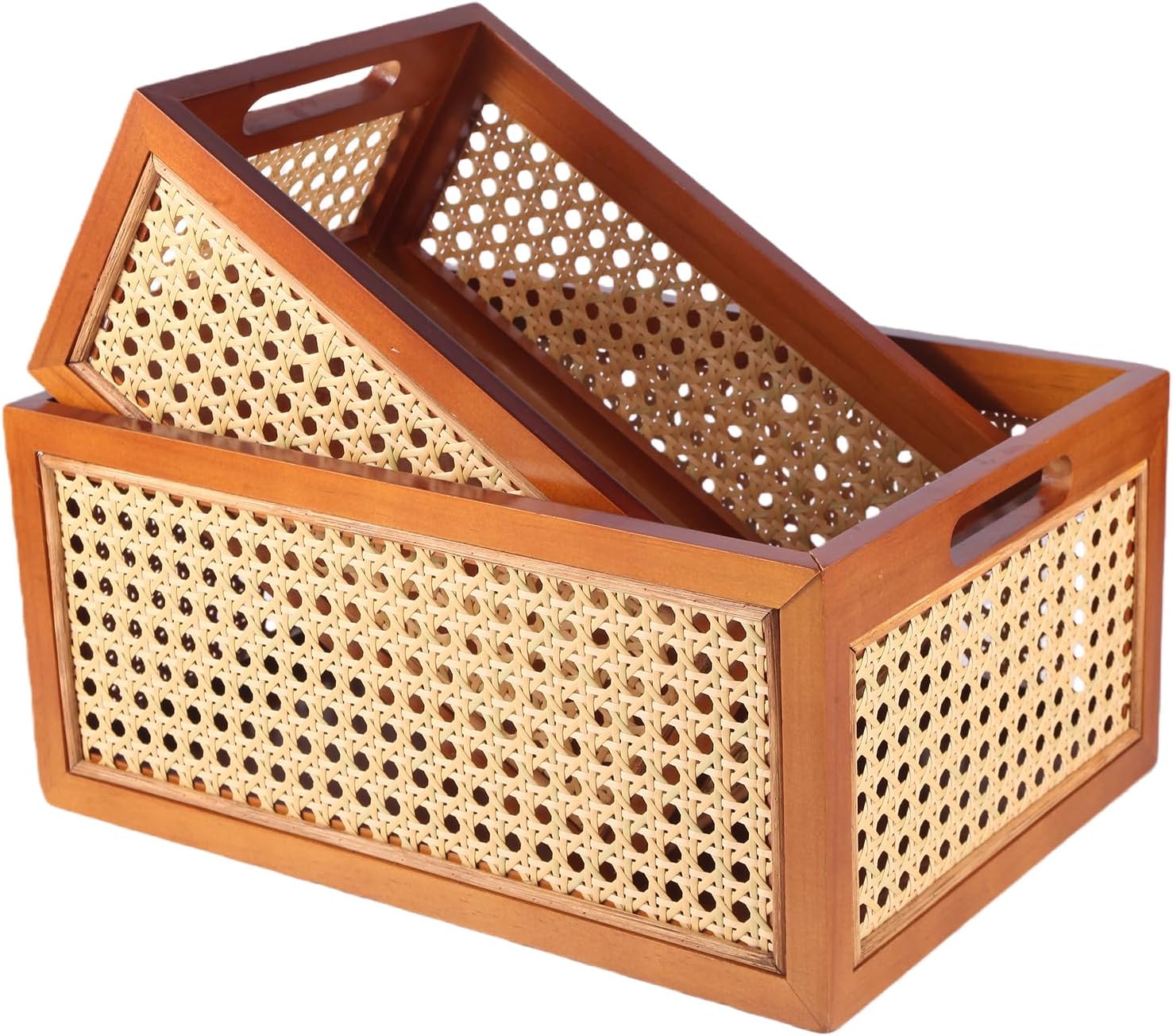 Rattan Storage Baskets Set, Wooden Frame with Woven Cane Design