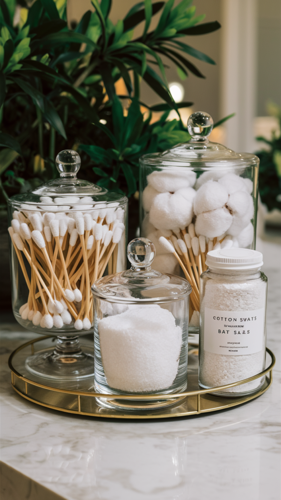 Clear glass containers filled with cotton balls and bath products