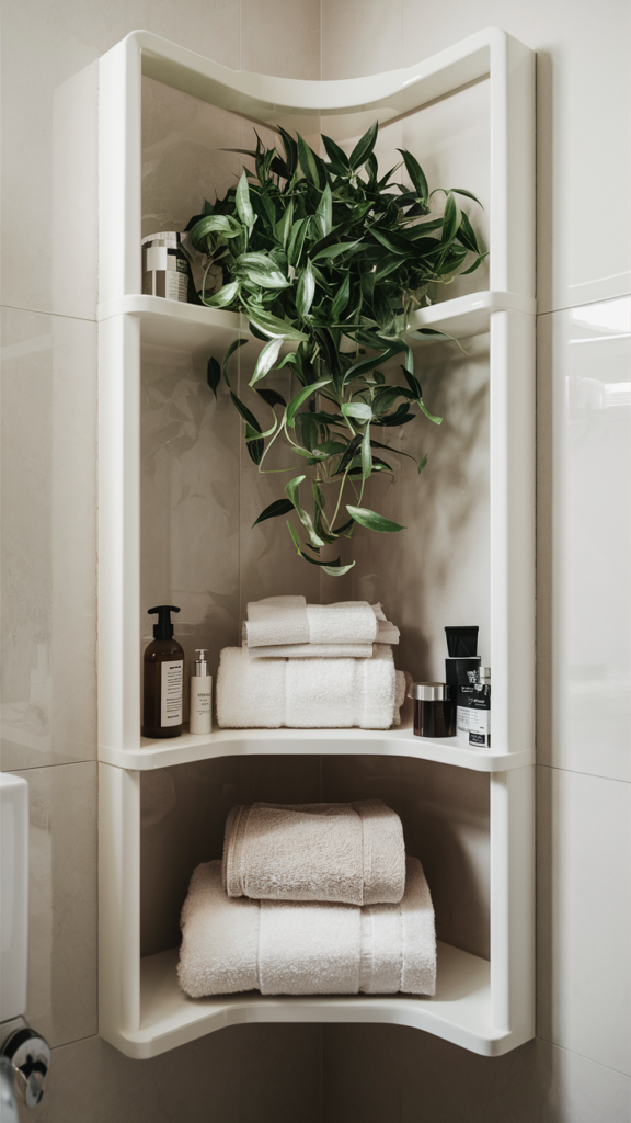 Small bathroom designed with corner shelving units for storage