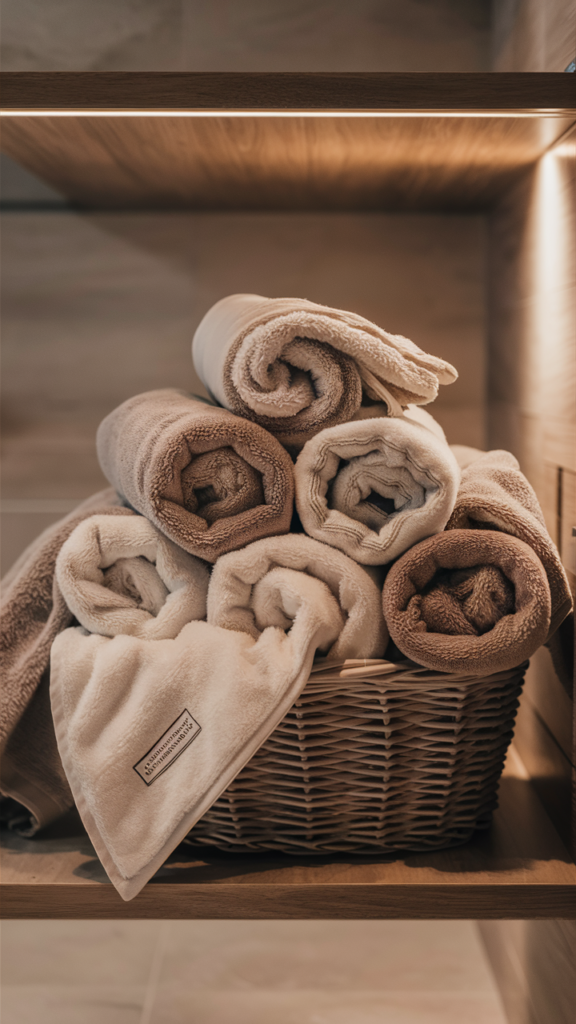 Serene bathroom scene with neatly folded and rolled towels on display