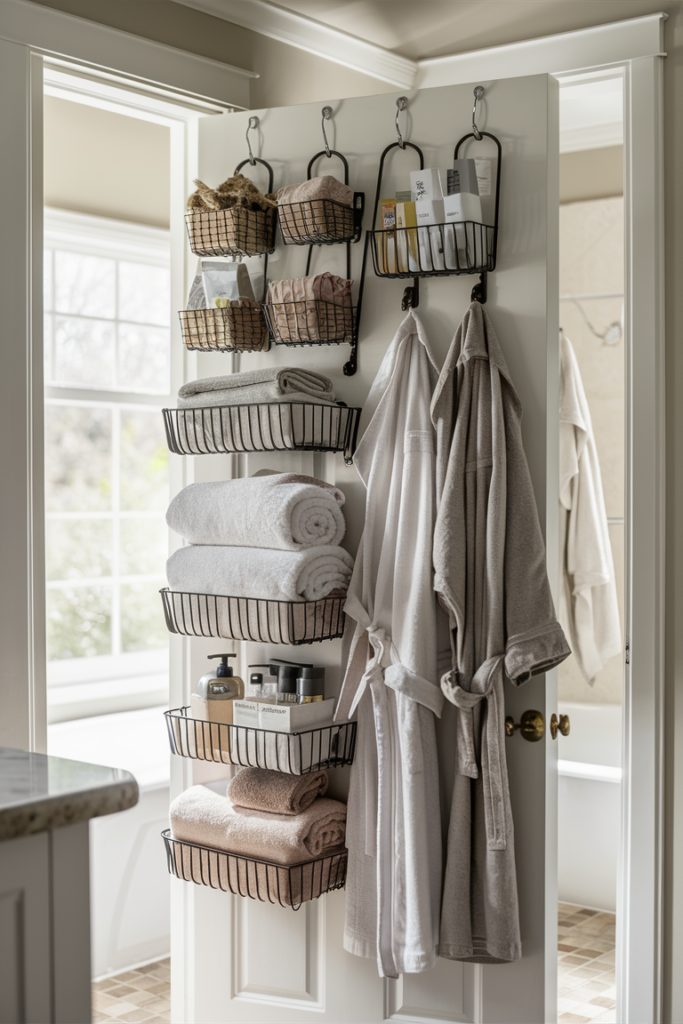 Bathroom wall fitted with multiple hooks for towels and robes