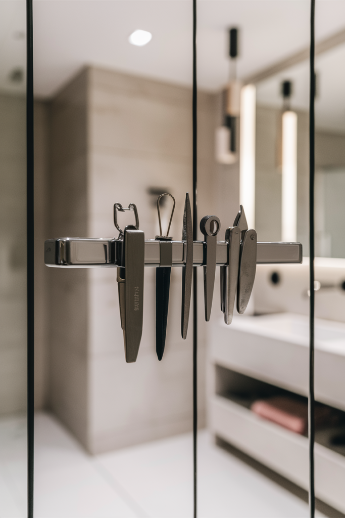 Close-up of a magnetic strip holding small metal bathroom tools