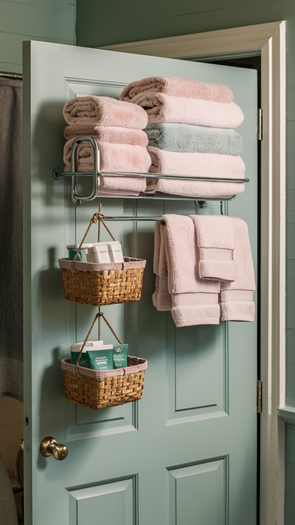Bathroom door fitted with an over-the-door storage rack