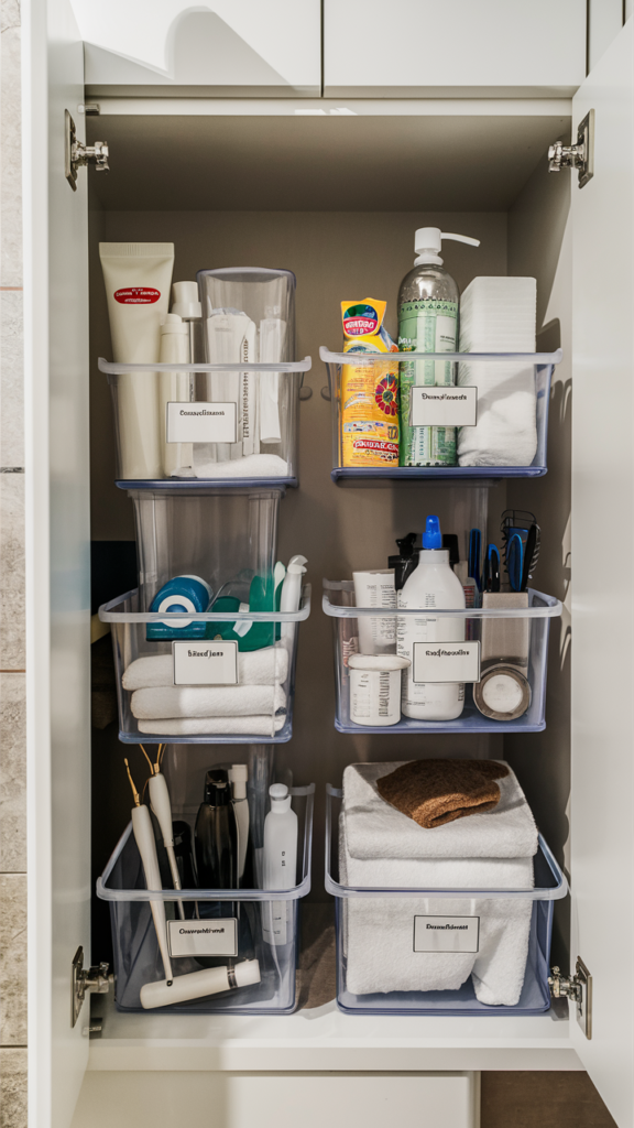 Bathroom cabinet organized with clear stackable storage bins