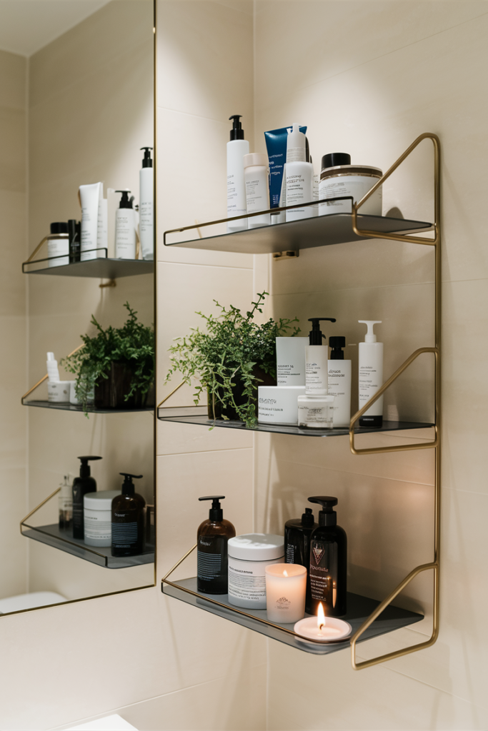 Modern bathroom with tiered shelving used for vertical organization