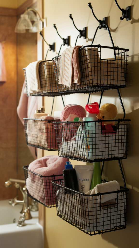 Wire baskets hanging from hooks on a bathroom wall