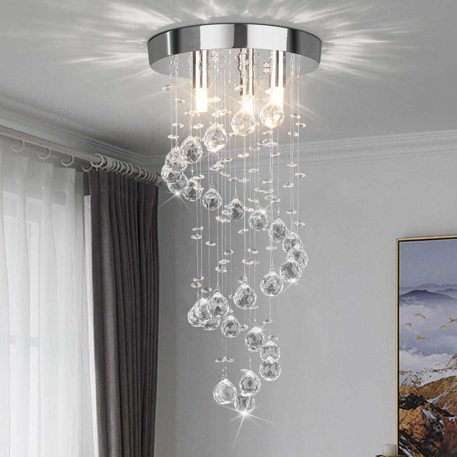3-Lights Spiral Crystal Chandelier, Modern Raindrop Light Fixture