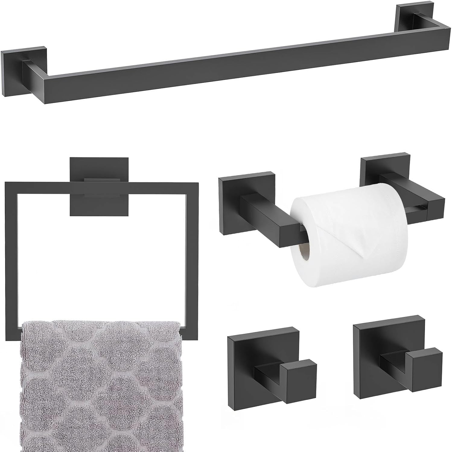 Matte Black Towel Bar Set, 5-Piece Bathroom Hardware Accessories Set
