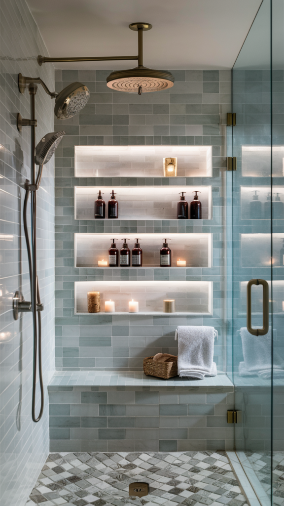 Shower with built-in niches for organized storage