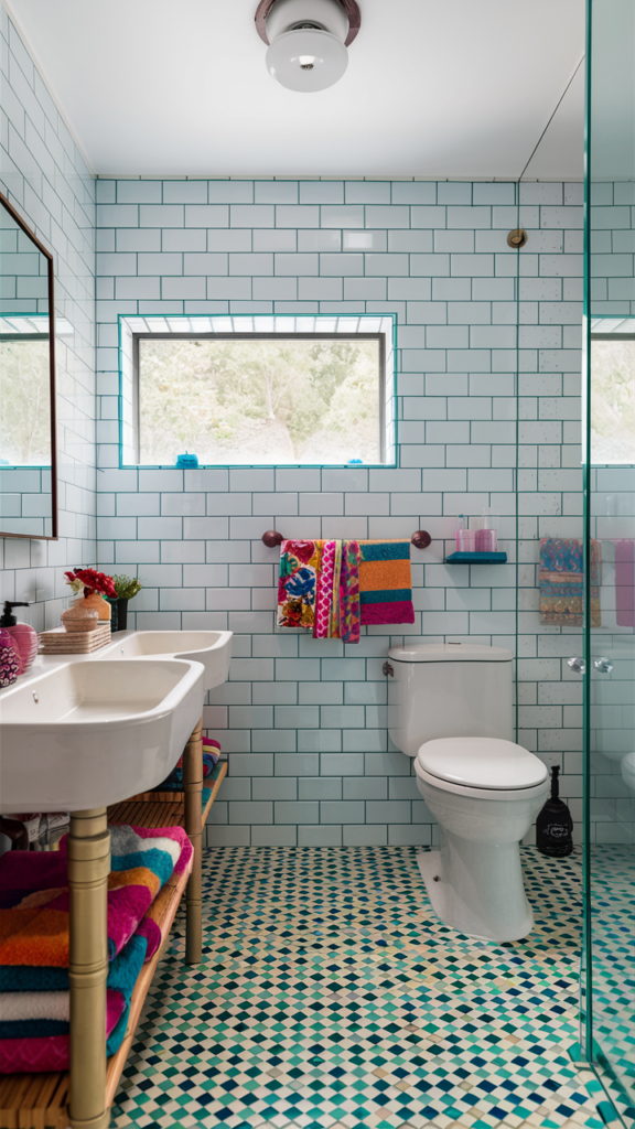 Playful bathroom featuring white subway tile with colorful grout