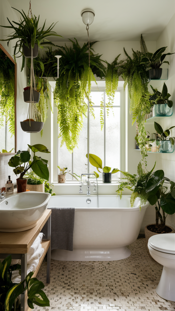 Bright bathroom filled with lush greenery and natural plants