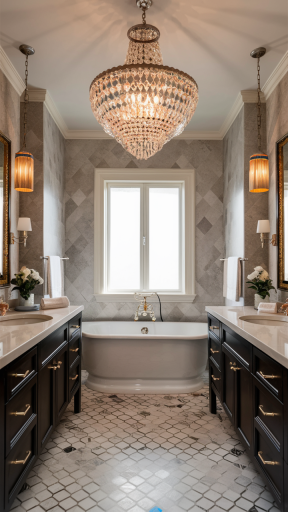 Glamorous bathroom with a crystal chandelier lighting fixture