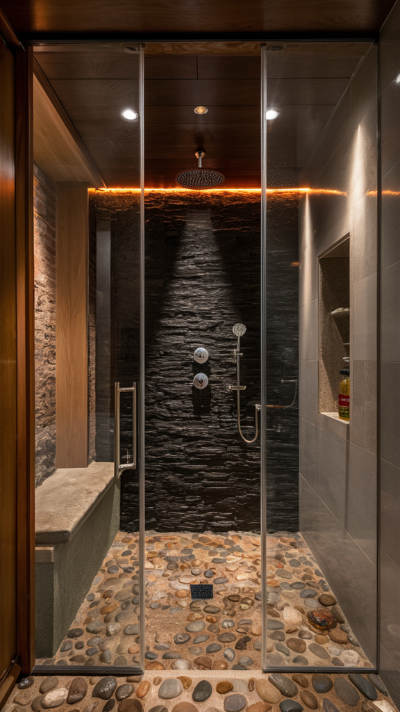 Luxurious shower with natural stone tile and glass enclosure