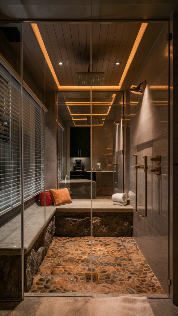 Natural stone tile shower with elegant glass enclosure detail