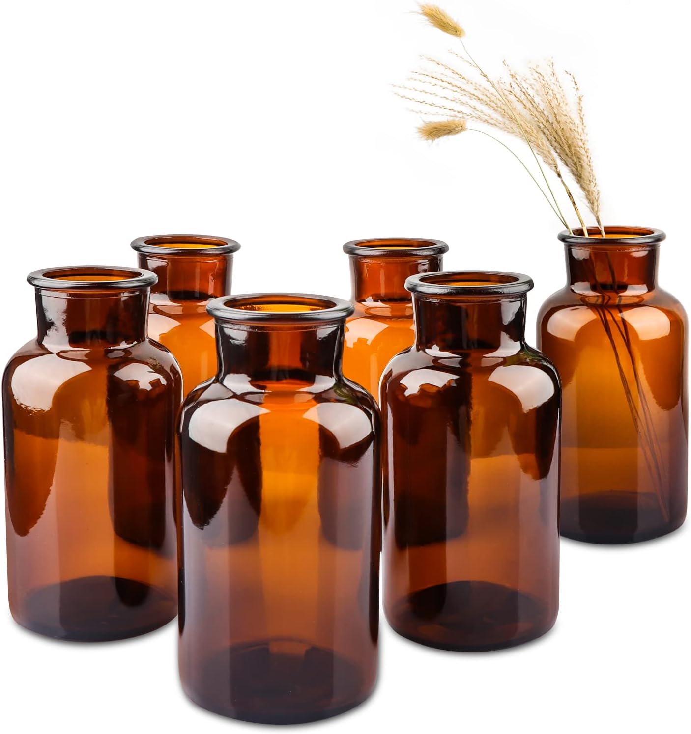 PINIWON Set of 6 Amber Bud Vases, Vintage Small Glass Vases
