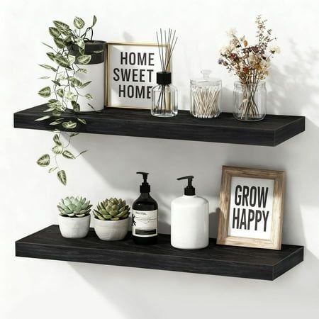 Bathroom shelf styled with glass apothecary jars, dried flowers, a diffuser bottle and succulents against a black background