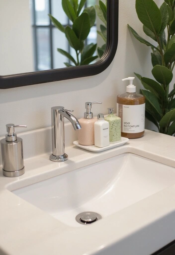 Natural wood and stone materials styled near a bathroom sink