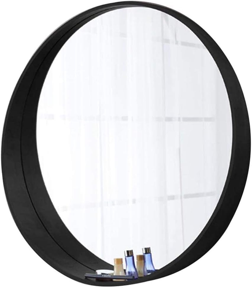 Circle Bathroom Mirror with Built-in Storage Shelf Wooden Frame Large Round Wall Mirror