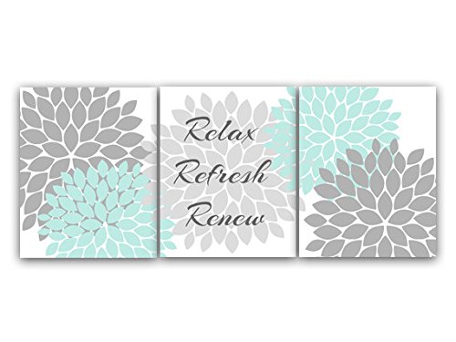 Gray and Aqua Bathroom Décor Wall Art, Relax Refresh Renew, Modern Bathroom Art