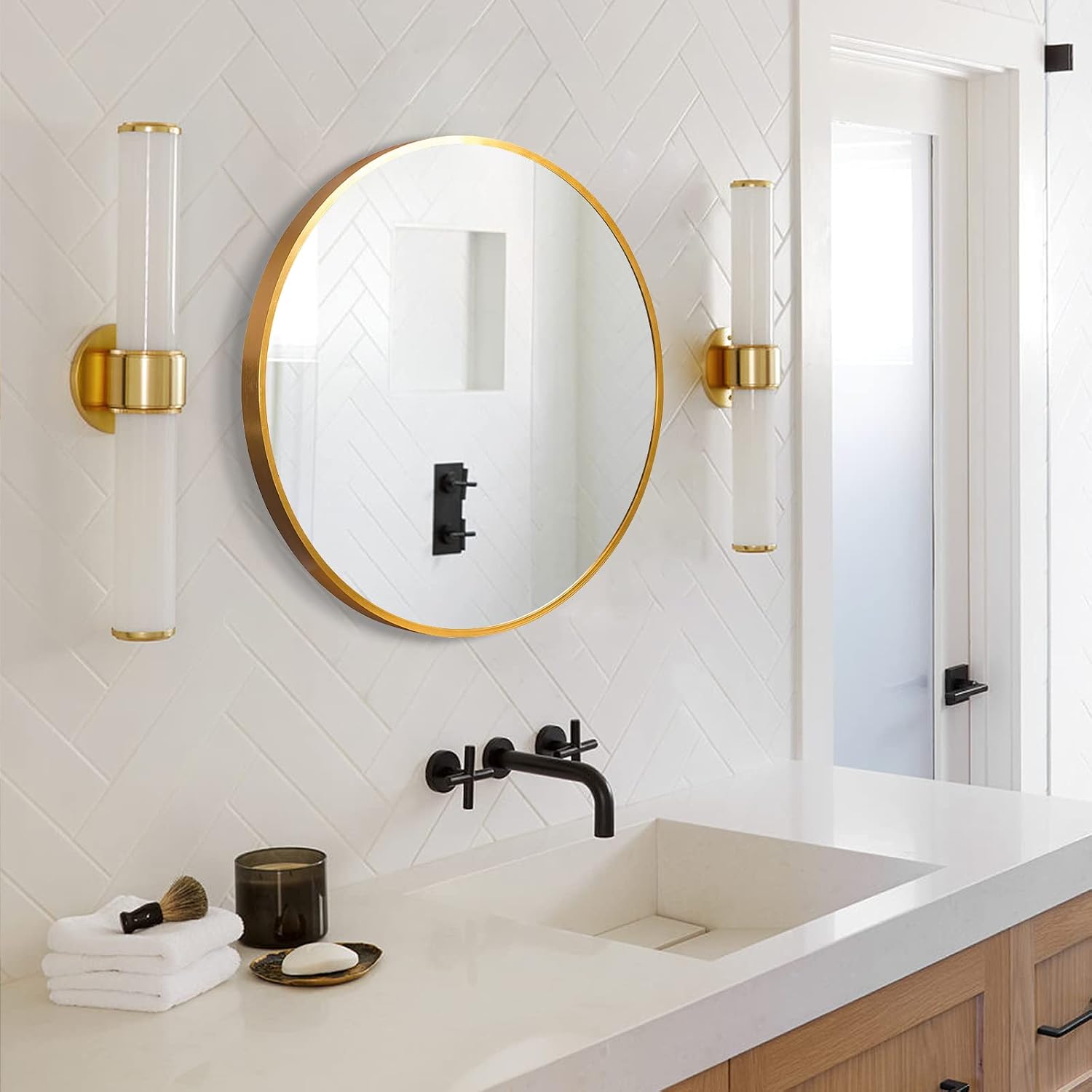 Gold Round Mirror 24 inch, Round Bathroom Mirror with Brushed Metal Frame Large Circle