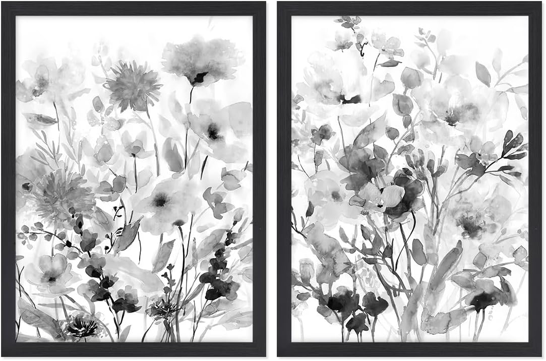 Botanical Canvas Prints Wall Art Black & White Wildflower Pictures Rustic Floral Paintings