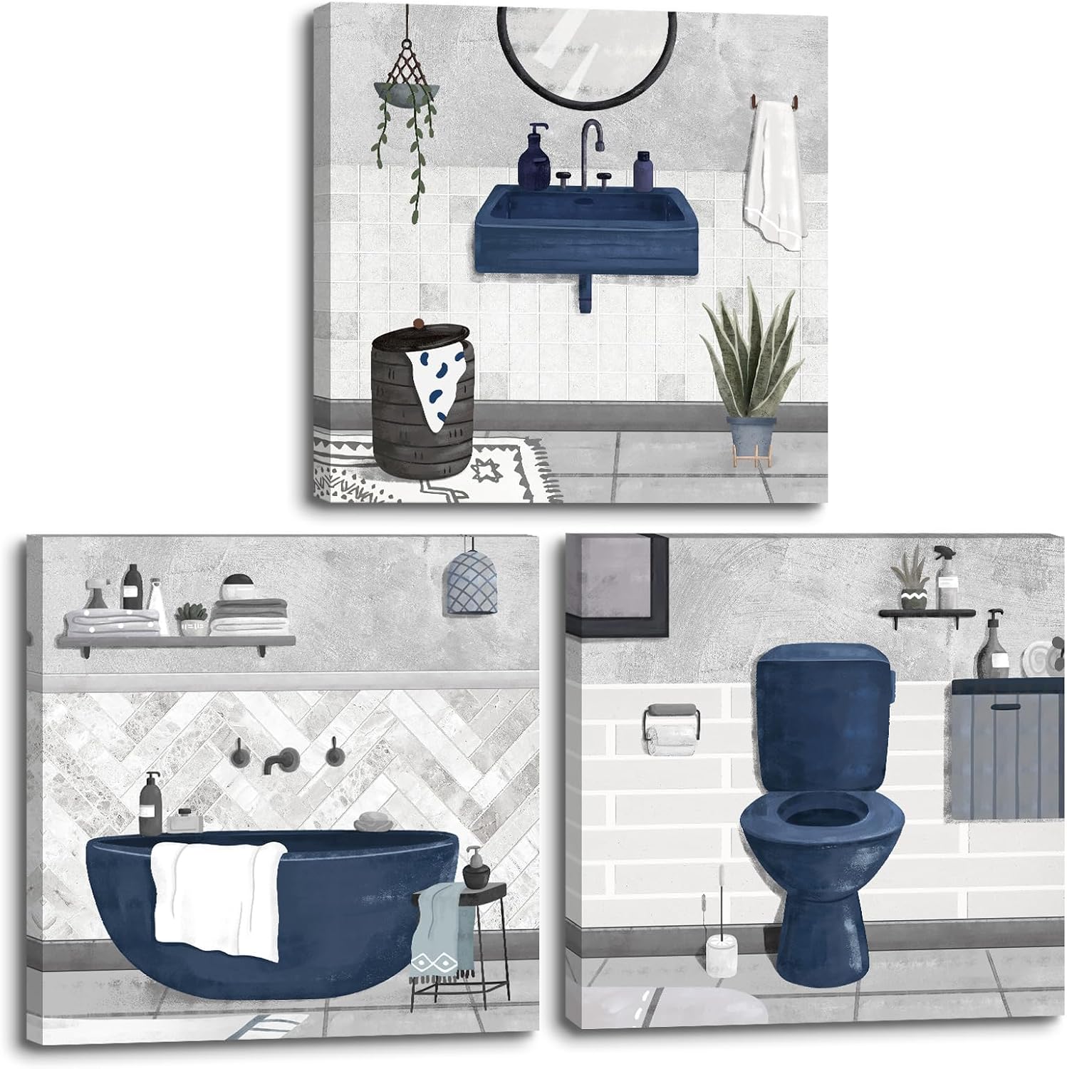 ARTINME Set of 3 Framed Bathroom Wall Art, Bath Tub Paintings, Ready to Hang 12x12