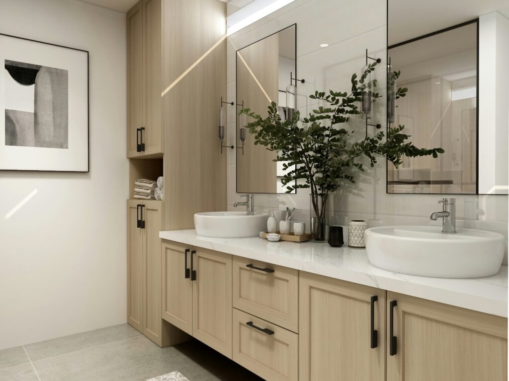Framed art prints adding personality to a bathroom wall