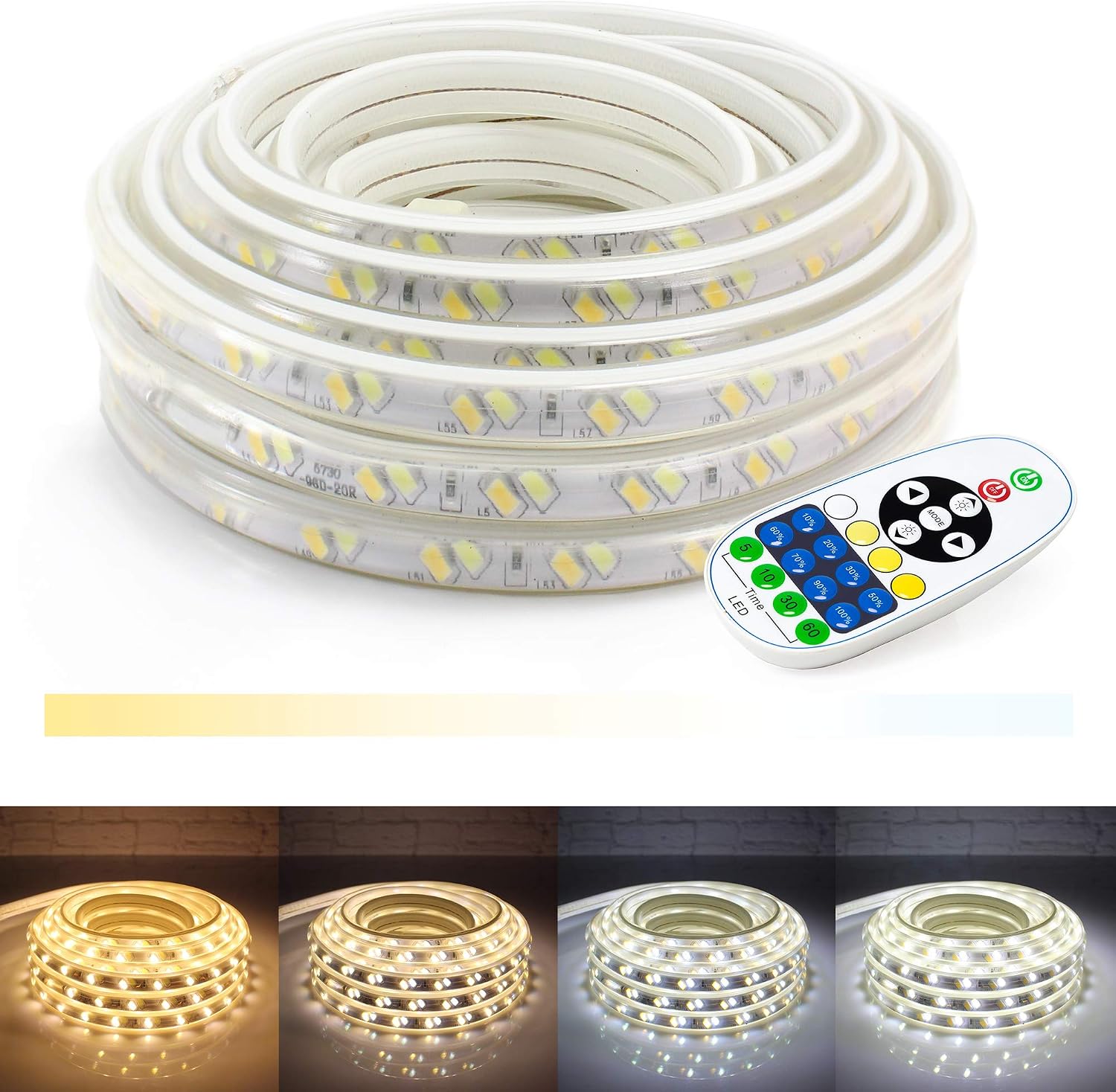 LED Flat Strip Lights, 50 ft 2-in-1 Warm White & Cool White Flexible Dimmable Lighting