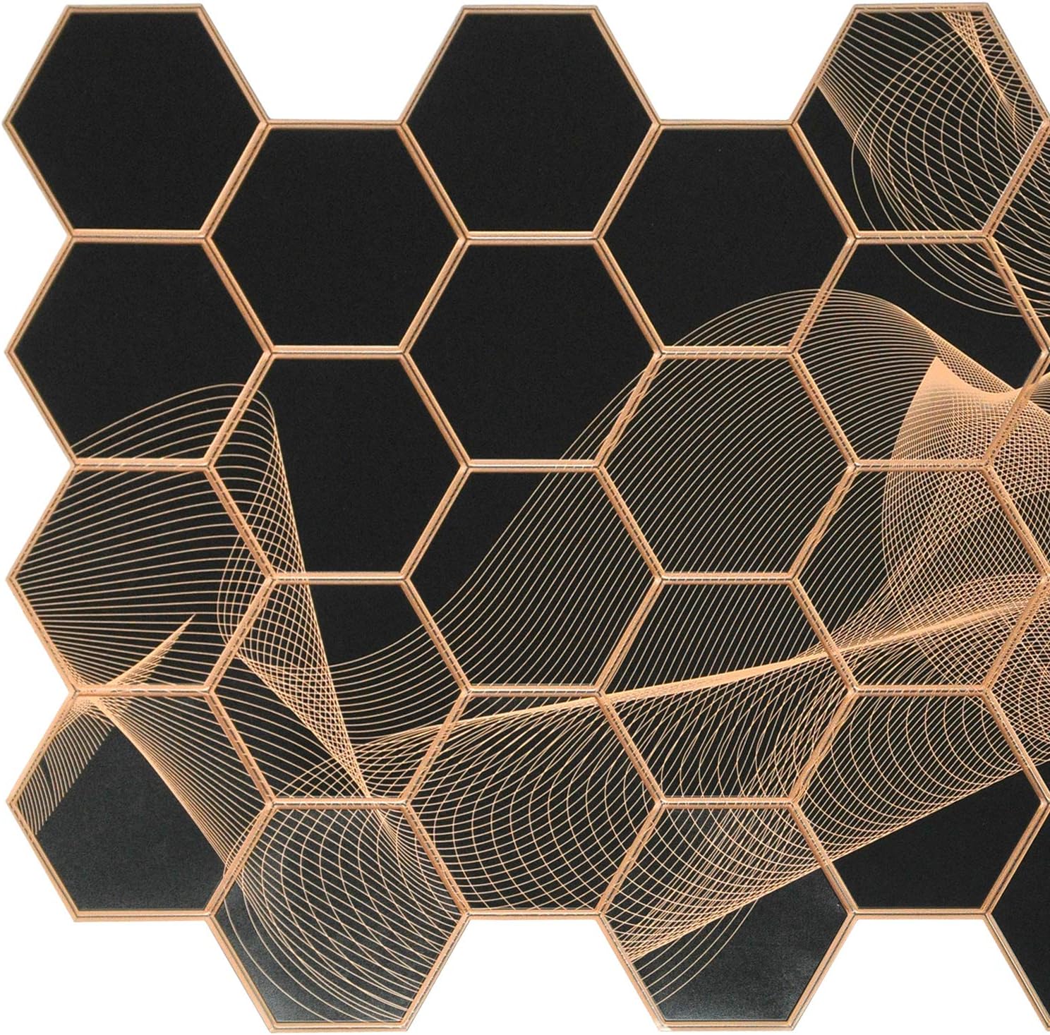 Dundee Deco Black Gold Faux Hexagon Mosaic PVC 3D Wall Panel, 3.2 ft X 1.6 ft