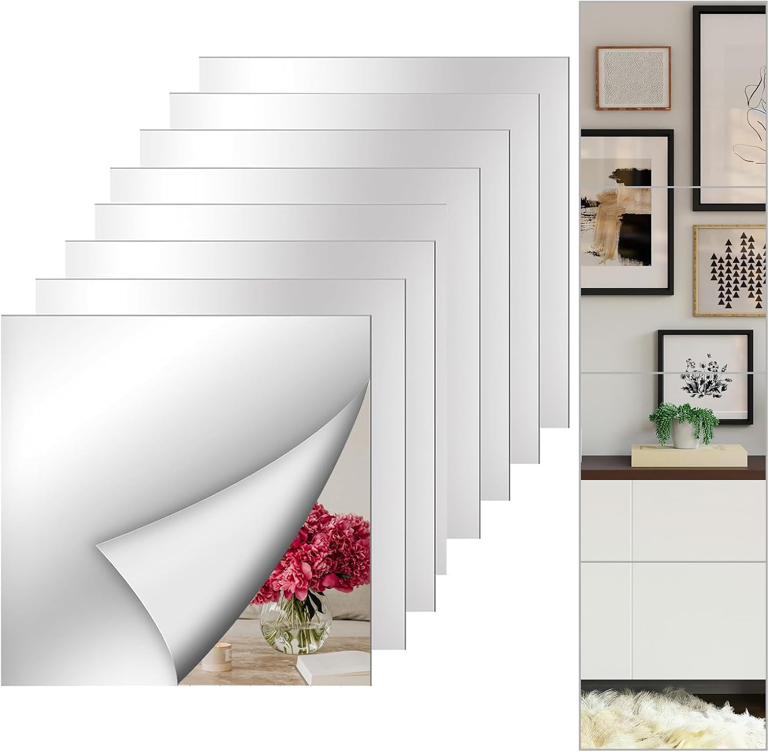 8 Pack Acrylic Mirror Tiles, 12 x 12 Inch Self-Adhesive Flexible Mirror Sheets