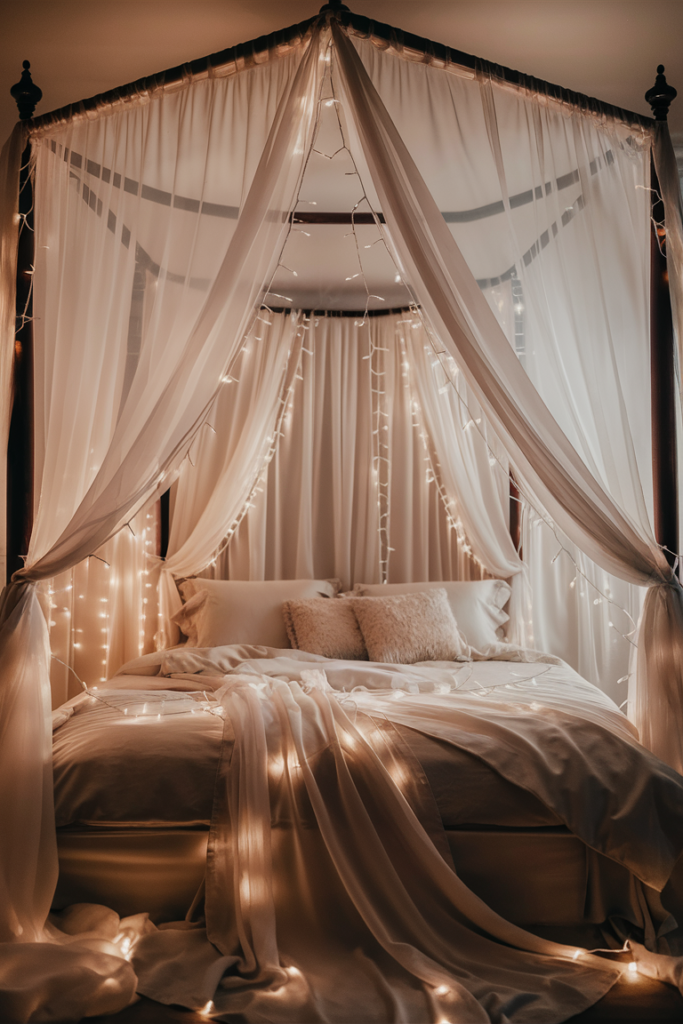 Four-poster canopy bed with flowing sheer fabric draped from a central point and woven with warm fairy lights