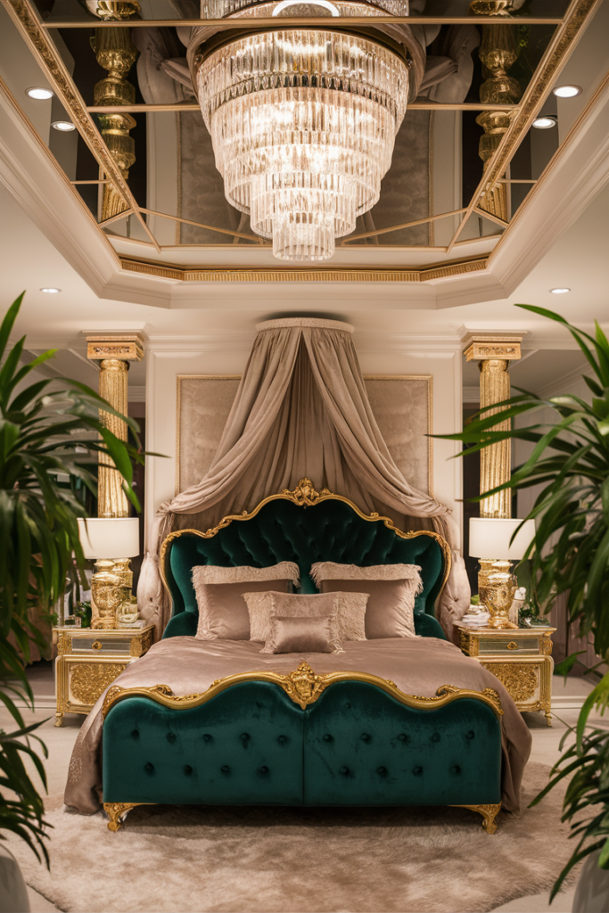 Ornate gold-framed mirrored ceiling panel reflecting a crystal chandelier above a luxurious green velvet tufted bed