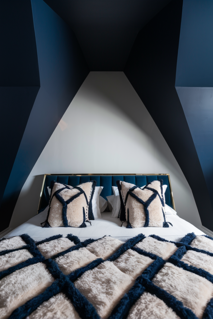 Dramatic navy blue painted angular ceiling meeting a matching navy accent wall above a teal velvet tufted headboard
