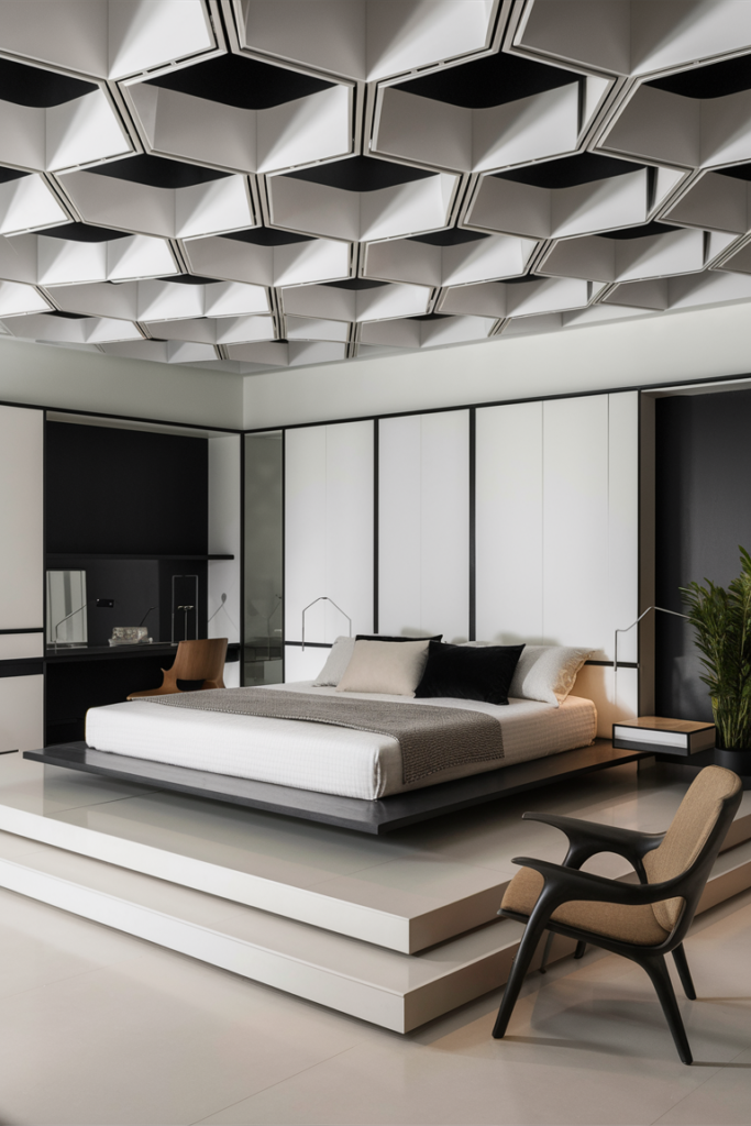 Black and white hexagonal three-dimensional paneled geometric ceiling above a modern platform bed on a raised step