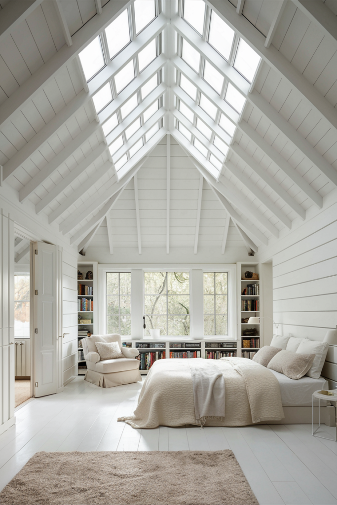 Tall white vaulted bedroom ceiling with exposed beams and a peaked skylight window above built-in bookshelves and a large window