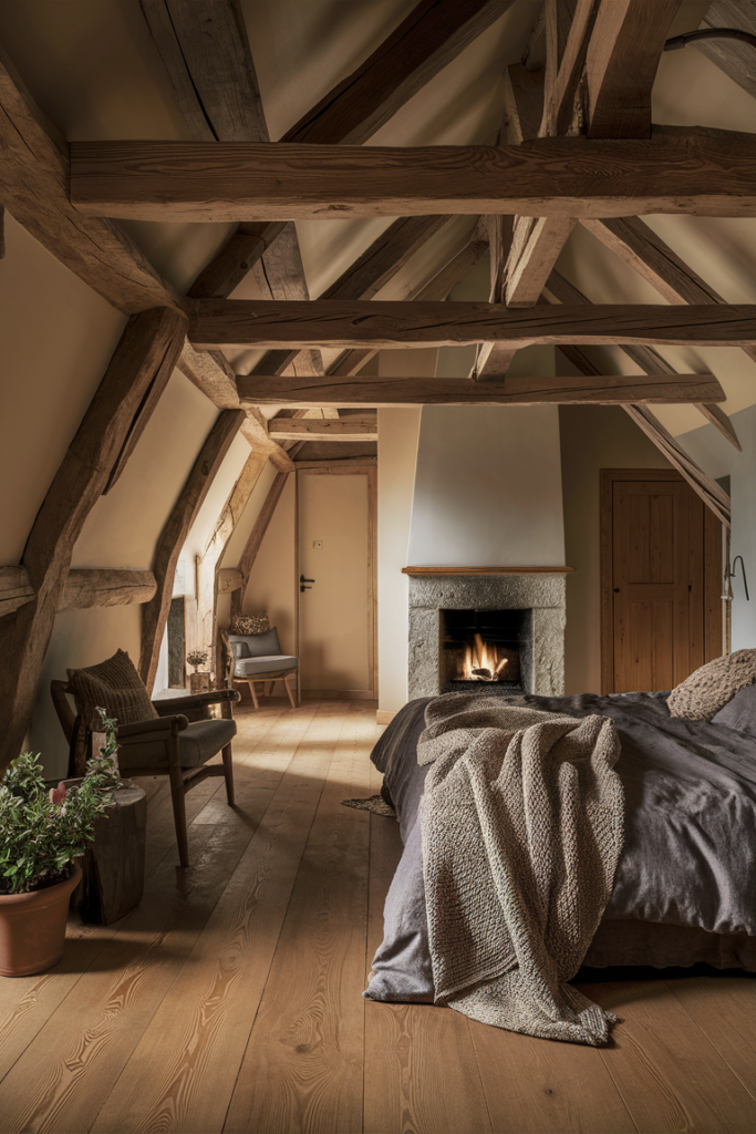 Rustic attic bedroom with exposed crossing wood ceiling beams, a stone fireplace and a bed layered with knit throws