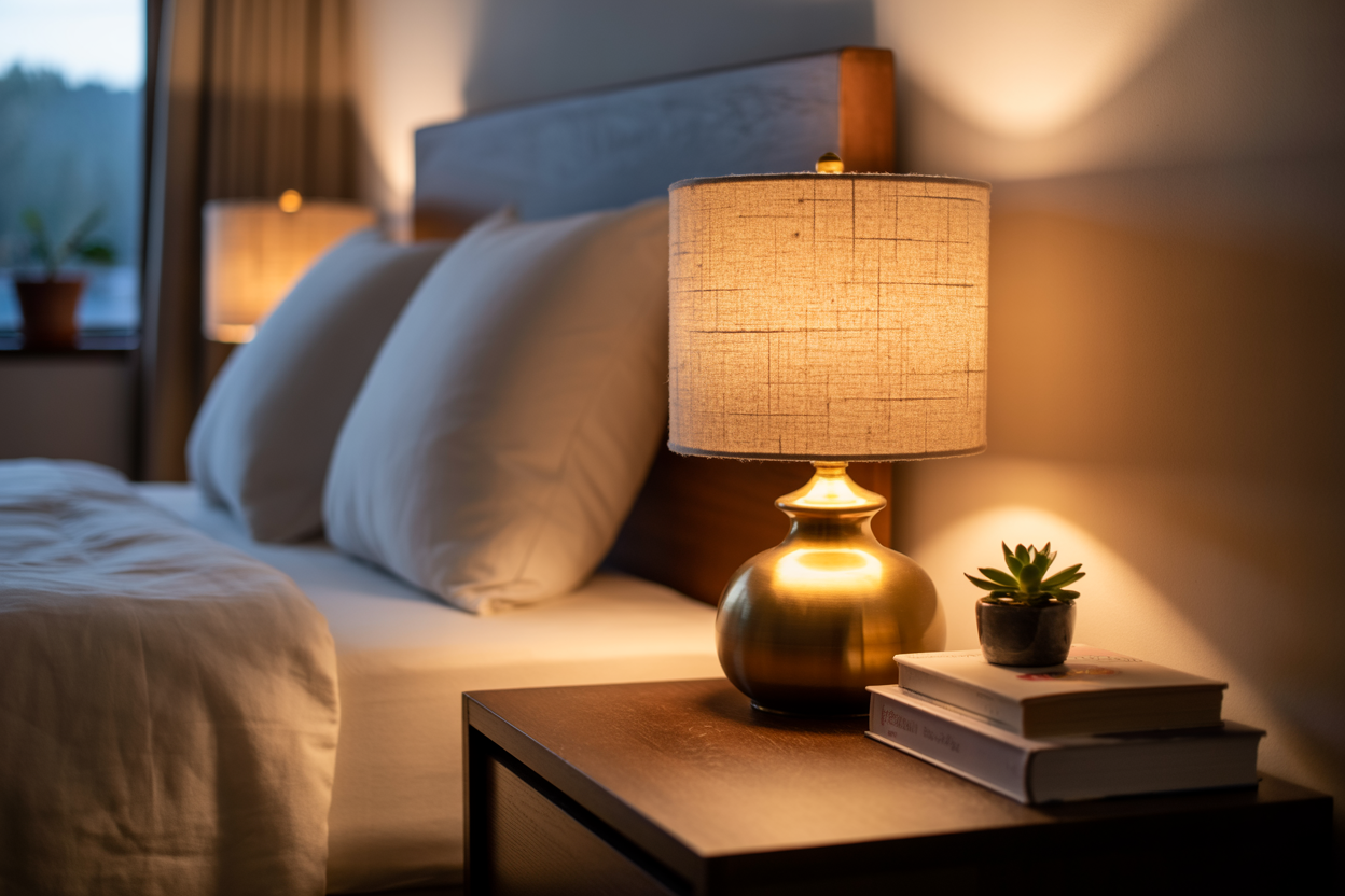 Cozy bedroom featuring warm, layered lighting for a relaxing atmosphere
