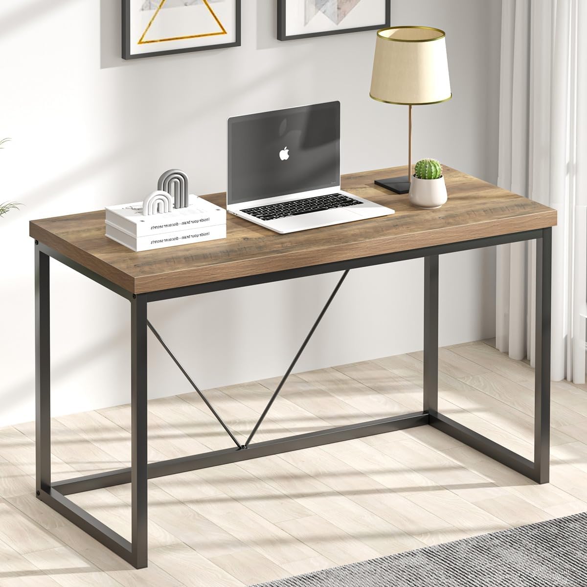 FOLUBAN Modern Home Office Desk, Rustic Wood and Metal Computer Desk