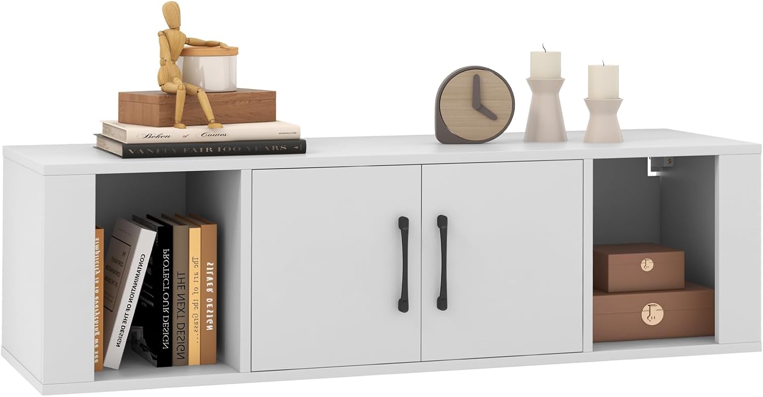 GIANTEX Wall Mounted Storage Cabinet, 2 Cube Floating Desk with Doors, White