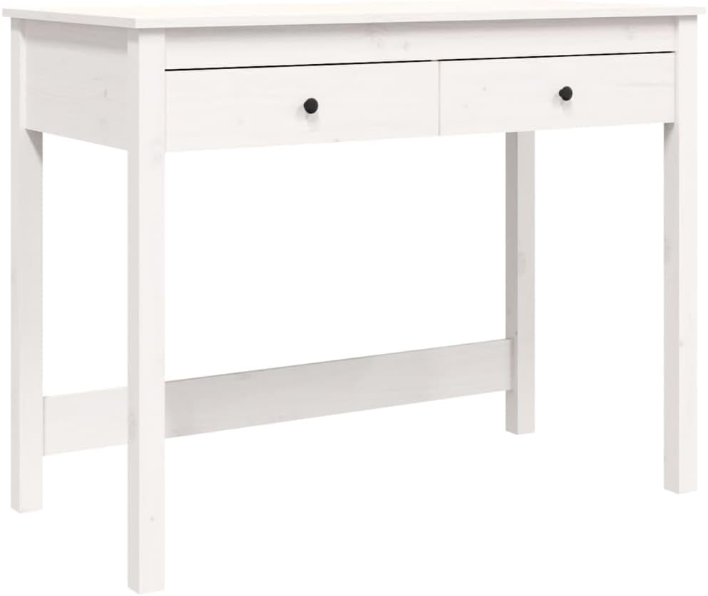 vidaXL Desk, Solid Pinewood White Desk with Drawers, Compact Size Office Furniture