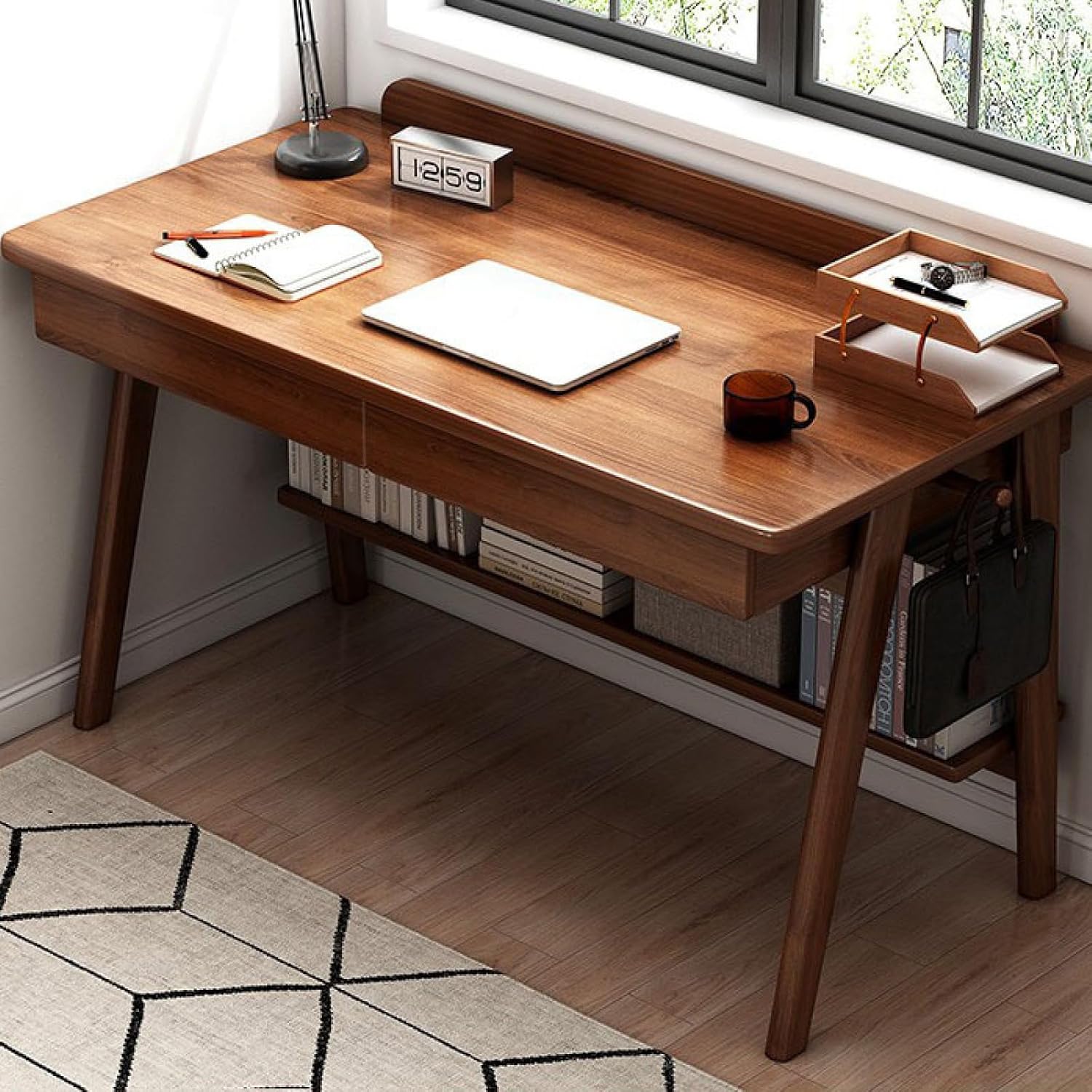ALEEIK Mid-Century Modern Walnut Writing Desk with 2 Storage Drawers, 39 Inch