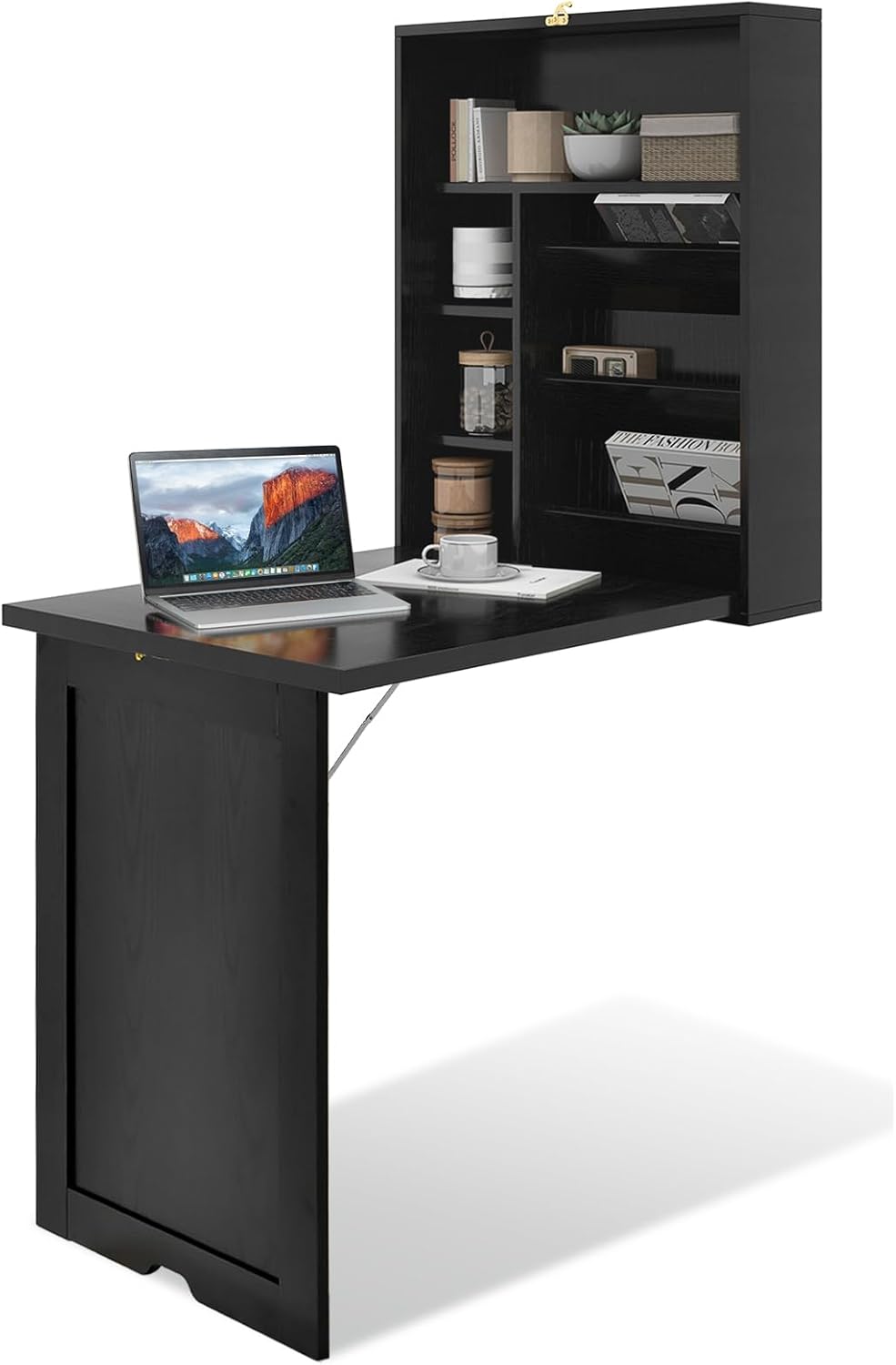 SILKYDRY Wall Mounted Fold Out Convertible Desk with Storage Shelves, Black