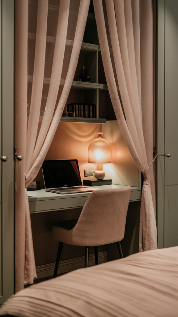Cozy bedroom workspace cleverly concealed behind curtains