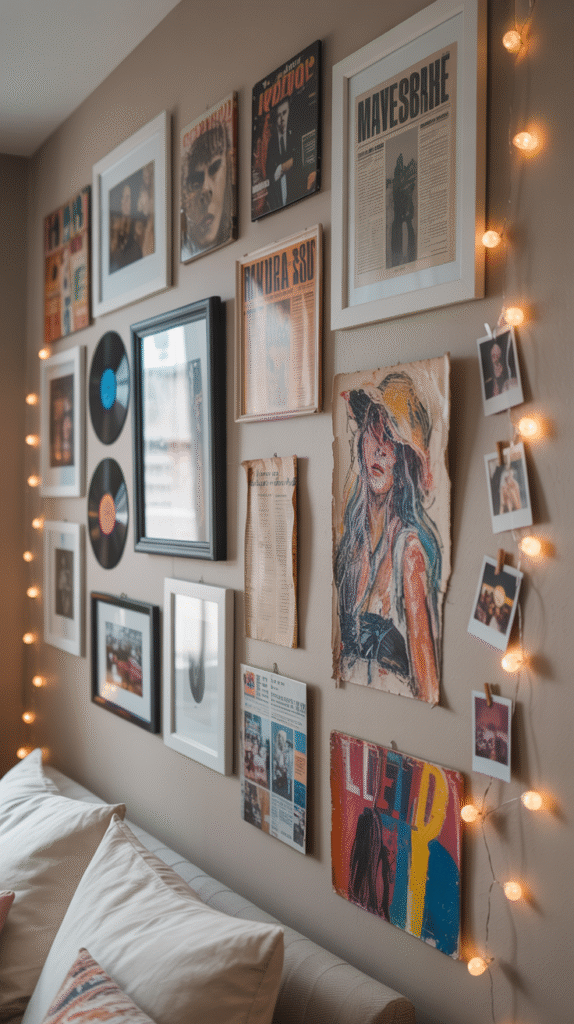 Bedroom wall decorated with a DIY display of frames and personal mementos