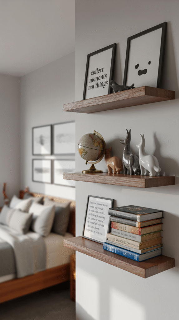 Bedroom with floating shelves displaying personal curated items