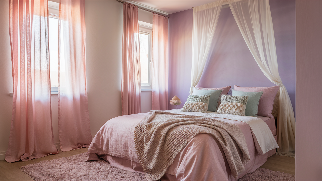 Tranquil bedroom in soft pastel tones with layered textures