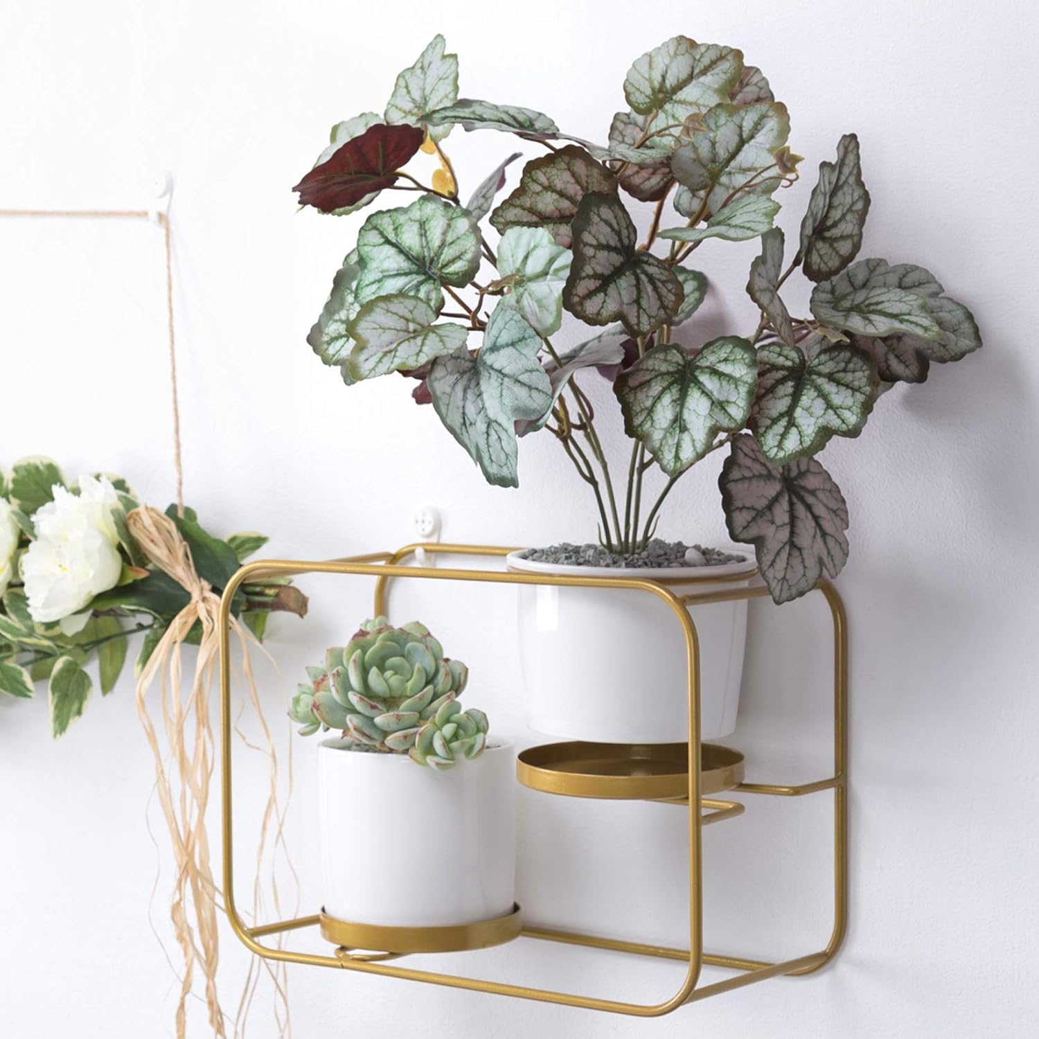 Modern Wall Planter Set with 2 Ceramic Pots and Wall Mounts, Matte Gold